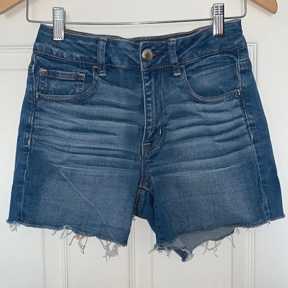 American Eagle High Rise Shortie Blue Denim Shorts Size 2